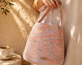 Bolso cubo de rafia tejido a mano / Bolso tote mediterráneo color atardecer