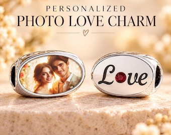 Personalized Double-Sided Photo Charm: Oval Love Bead with Red Crystal