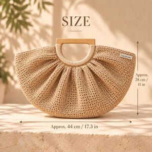 Beige Raffia Crochet Shell Bag: Handmade Top Handle Purse with Wooden Handles image 5