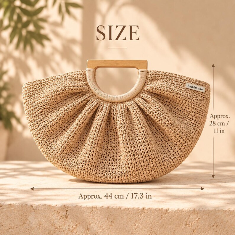 Beige Raffia Crochet Shell Bag: Handmade Top Handle Purse with Wooden Handles image 5
