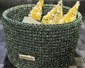 Cesta navideña de crochet: decoración navideña verde brillante