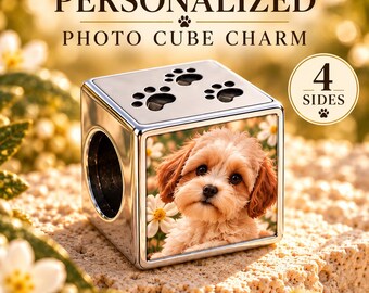 Personalized Pet Photo Cube Charm: Dog or Cat Picture Bead with Paw Prints