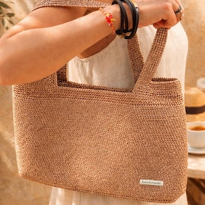 Large Handmade Crochet Raffia Tote Bag: Beige Summer Shoulder Bag image 1