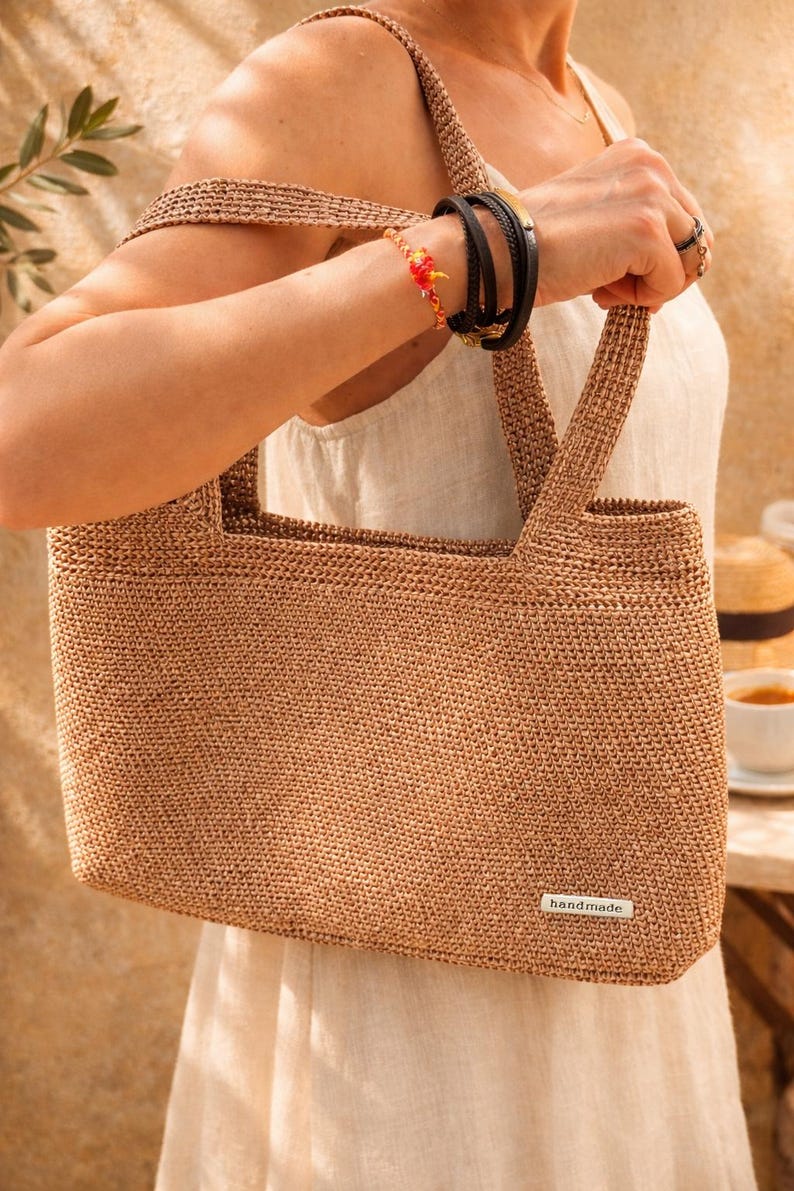 Large Handmade Crochet Raffia Tote Bag: Beige Summer Shoulder Bag image 1