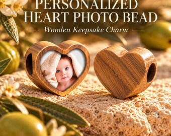 Personalized Wooden Heart Photo Bead, Custom Picture Charm, Handmade Wood Keepsake, Memorial Photo Gift, Bracelet Bead
