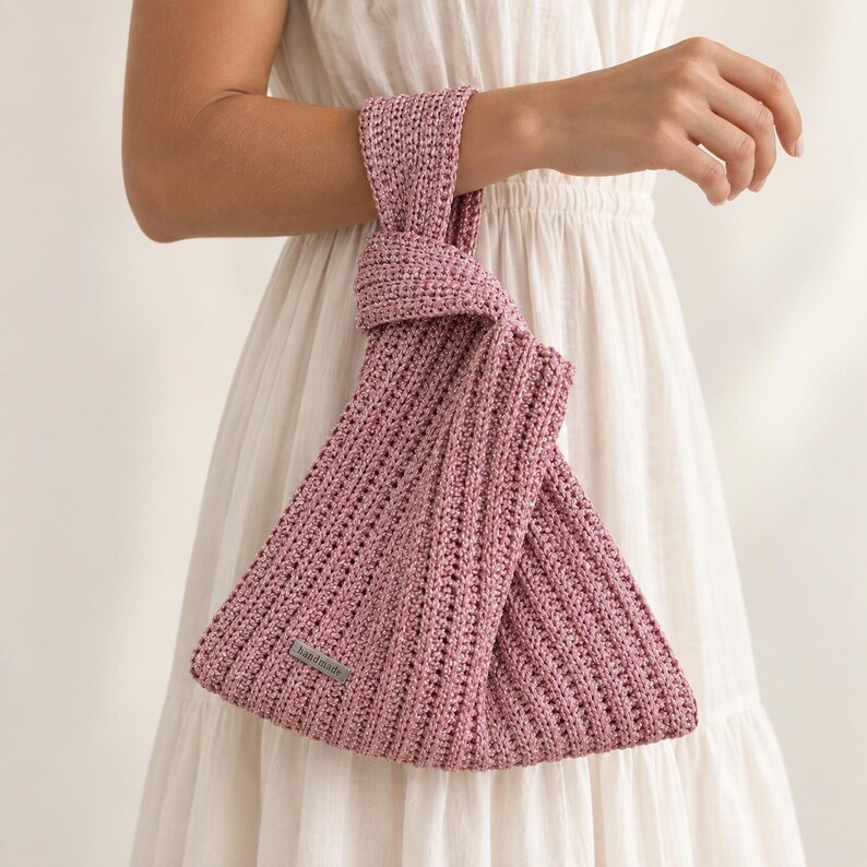 Pink Lurex Crochet Knot Bag: Metallic Wristlet Evening Purse image 3