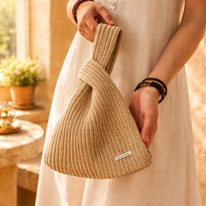 Crochet Japanese Knot Bag: Beige Gold Lurex Wristlet Purse image 1