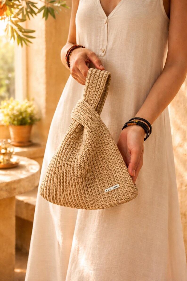Crochet Japanese Knot Bag: Beige Gold Lurex Wristlet Purse image 1
