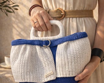 Bolso de rafia hecho a mano con ganchillo - Bolso estilo náutico con asa de madera - Bolso estilo provenzal