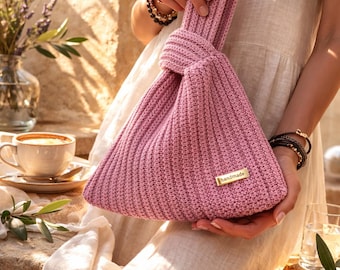 Bolso de crochet con nudo de lurex rosa hecho a mano: bolso de noche metálico de muñeca