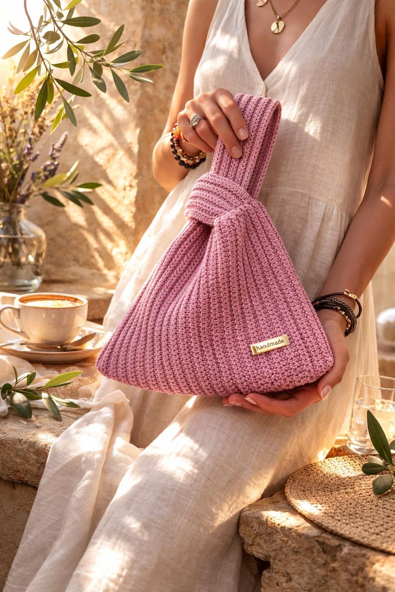 Pink Lurex Crochet Knot Bag: Metallic Wristlet Evening Purse image 2