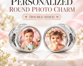 Personalized Double-Sided Round Photo Charm: Silver Swirl Picture Bead for Bracelet