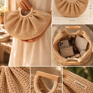 Beige Raffia Crochet Shell Bag: Handmade Top Handle Purse with Wooden Handles image 10