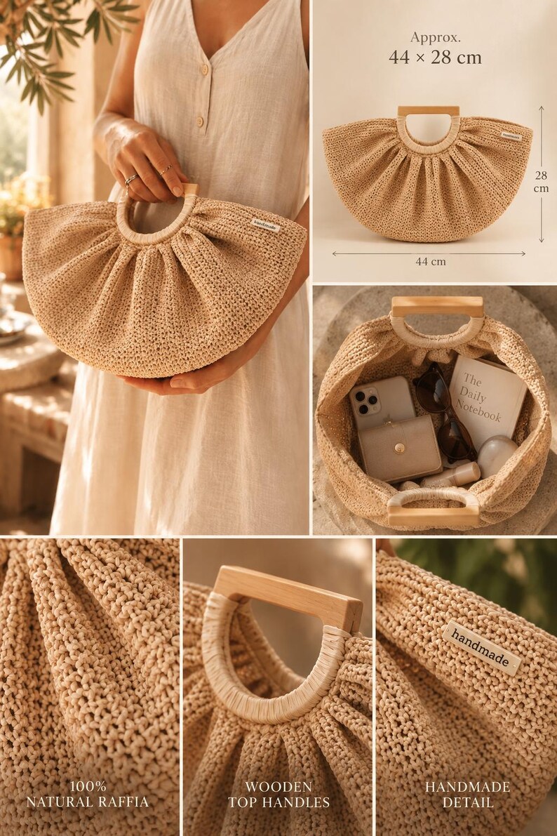 Beige Raffia Crochet Shell Bag: Handmade Top Handle Purse with Wooden Handles image 10