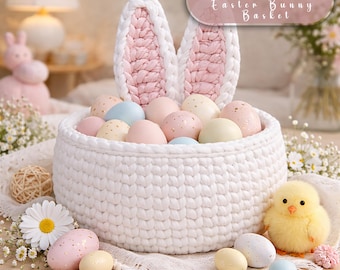 Crochet Easter Bunny Basket Pattern + VIDEO | Spring Home Decor, Video Tutorial (Digital Download)