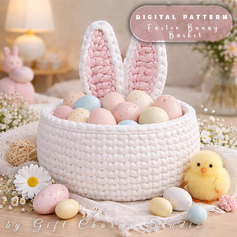 May include: A white crocheted Easter bunny basket with pink and white bunny ears, filled with pastel-colored speckled eggs. A yellow chick and additional eggs are next to the basket. The text "DIGITAL PATTERN Easter Bunny Basket" is visible.