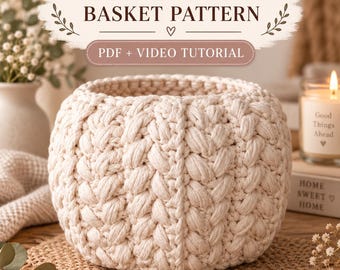 Patrón de cesta de ganchillo con videotutorial: Cesta redonda de almacenamiento con punto de trigo (PDF)