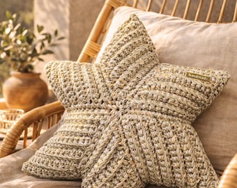 Cojín de estrella de crochet: cojín de punto dorado y plateado, decoración para habitación infantil.