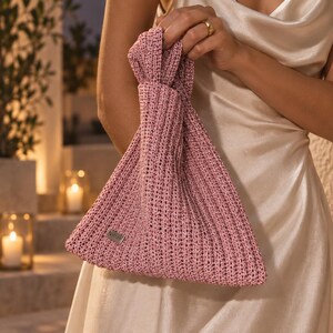 Pink Lurex Crochet Knot Bag: Metallic Wristlet Evening Purse image 8