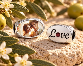 Personalized Double-Sided Photo Charm: Oval Love Bead with Red Crystal