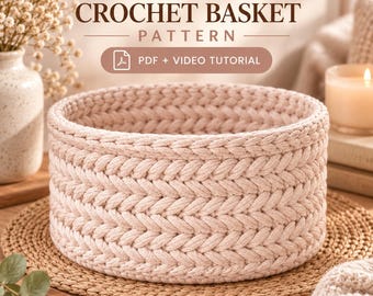 Patrón de cesta de ganchillo con diseño de espiga y videotutorial: Cesta redonda de almacenamiento en PDF