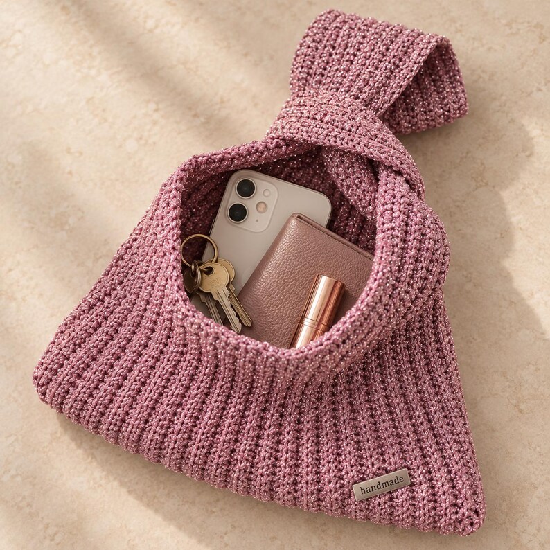 Pink Lurex Crochet Knot Bag: Metallic Wristlet Evening Purse image 9