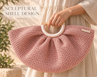 Pink Raffia Crochet Bag: Handmade Shell Purse with Wooden Handles