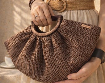 Boho häkeln Raffia Clutch: Handgemachte Kupfer Fan Tasche
