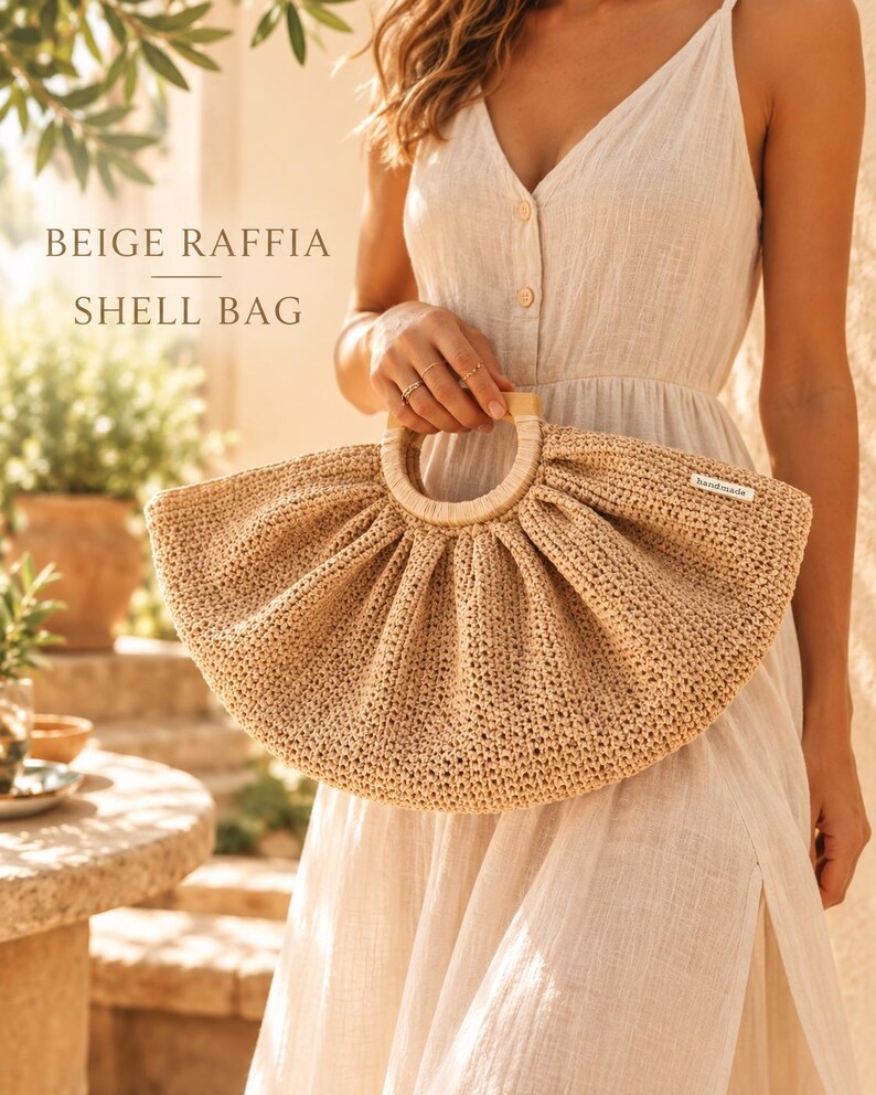 Beige Raffia Crochet Shell Bag: Handmade Top Handle Purse with Wooden Handles image 1