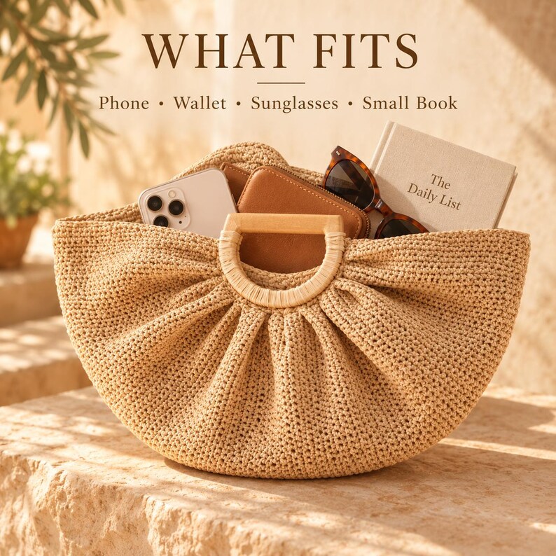 Beige Raffia Crochet Shell Bag: Handmade Top Handle Purse with Wooden Handles image 7