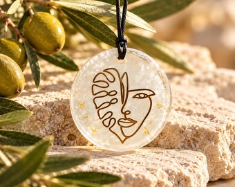 Abstract Face Resin Necklace: Copper Wire Line Art Pendant with Gold Flakes