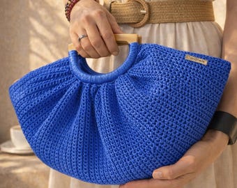 Bolso de concha de rafia azul de crochet: Monedero de concha bohemio