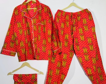 Tiger Print Cotton PJ Set | Bold Pink & Yellow Night Suit | Handmade 2 Piece Sleepwear