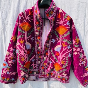 Magenta Velvet Suzani Jacket | Colorful Hand Embroidered Boho Coat | Floral Vintage Style