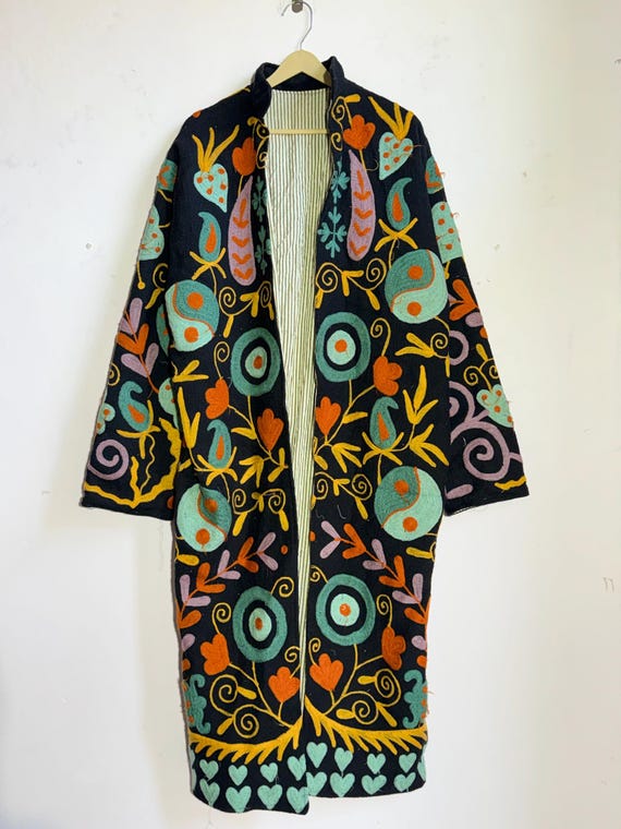 Boho Suzani Long Coat • Hand-Embroidered Vintage Style Jacket • Colorful Floral Tribal Overcoat