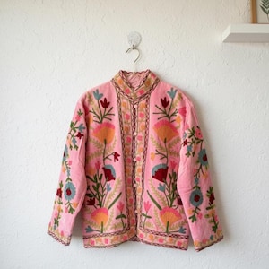 Hand Embroidered Pink Velvet Suzani Jacket | Uzbek Floral Jacket | Luxury Boho Ethnic Statement Coat