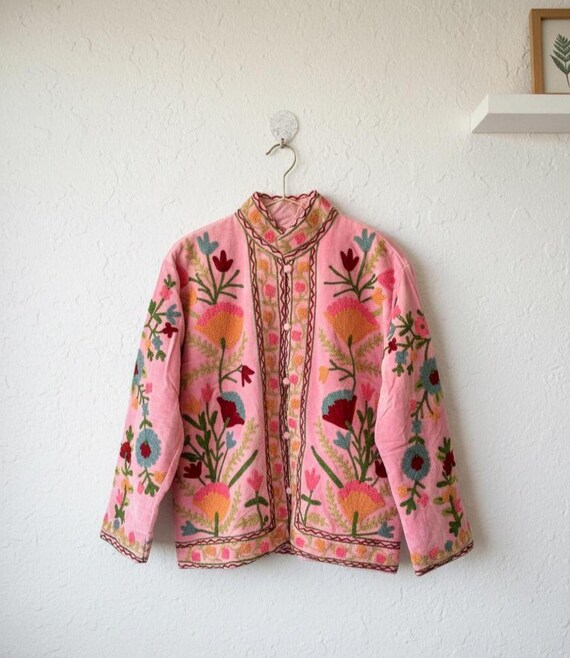 Hand Embroidered Pink Velvet Suzani Jacket | Uzbek Floral Jacket | Luxury Boho Ethnic Statement Coat