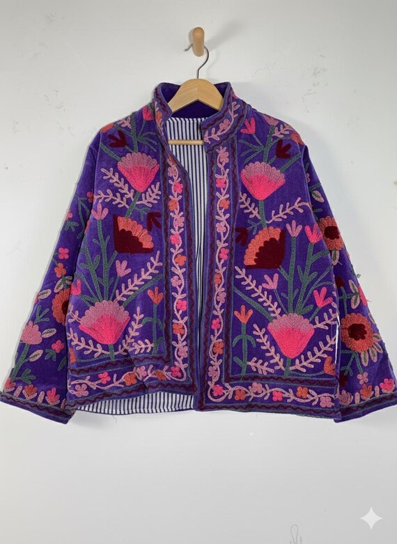 Velvet Suzani Embroidered Jacket | Purple Bohemian Kimono Coat | Handmade Floral Winter Outerwear | Boho Chic