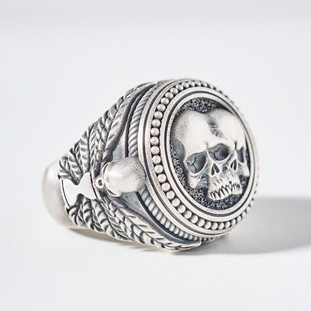 Gemini Skull Sterling Silver Ring, Gothic Mens Jewelry