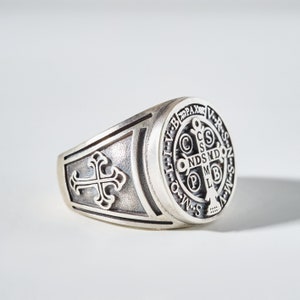 Saint Benedict Sterling Silver Ring: Antique Style Signet