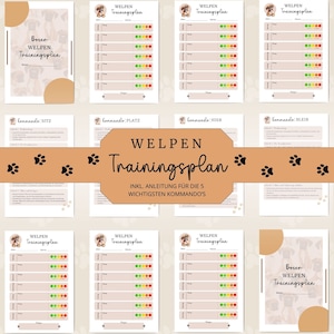 Peut inclure: Ensemble de feuilles imprimables pour le dressage de chiots. Les feuilles présentent un graphisme de bouledogue et les mots "WELPEN Trainingsplan" et "Boxer WELPEN Trainingsplan". Le plan de formation comprend des instructions pour cinq commandes.