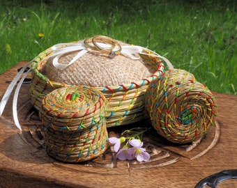 Pine Needle Rustic Wedding Set, Handmade - 2 Pixie Baskets & 1 Ring Pillow Basket