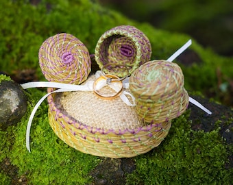 Conjunto de boda rústico con aguja de pino, hecho a mano, 2 cestas Pixie y 1 cesta de almohada para anillos