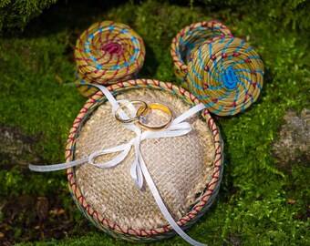 Parure de mariage rustique en aiguille de pin sur mesure - 2 paniers Lutin et 1 panier coussin pour bagues