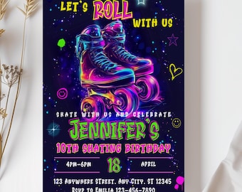 Neon Roller Skate Birthday Invitation: Editable Canva Template (Digital Download)