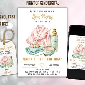 Spa Party Birthday Invitation, Pamper Party Invite Template, Girls Birthday, Set with Thank You Tag