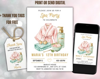 Spa Party Birthday Invitation, Pamper Party Invite Template, Girls Birthday, Set with Thank You Tag