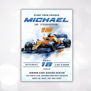 Formula 1 Birthday Invitation: McLaren Race Car Party (Digital Download, 5x7&quot; Template)