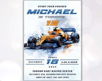 Faire-part d'anniversaire Formule 1 : fête de la voiture de course McLaren (téléchargement numérique, modèle 5 x 7 po.)