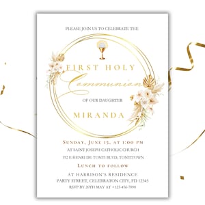 Elegante Gold Erstkommunion Einladung, bearbeitbare Canva Vorlage, digitaler Download